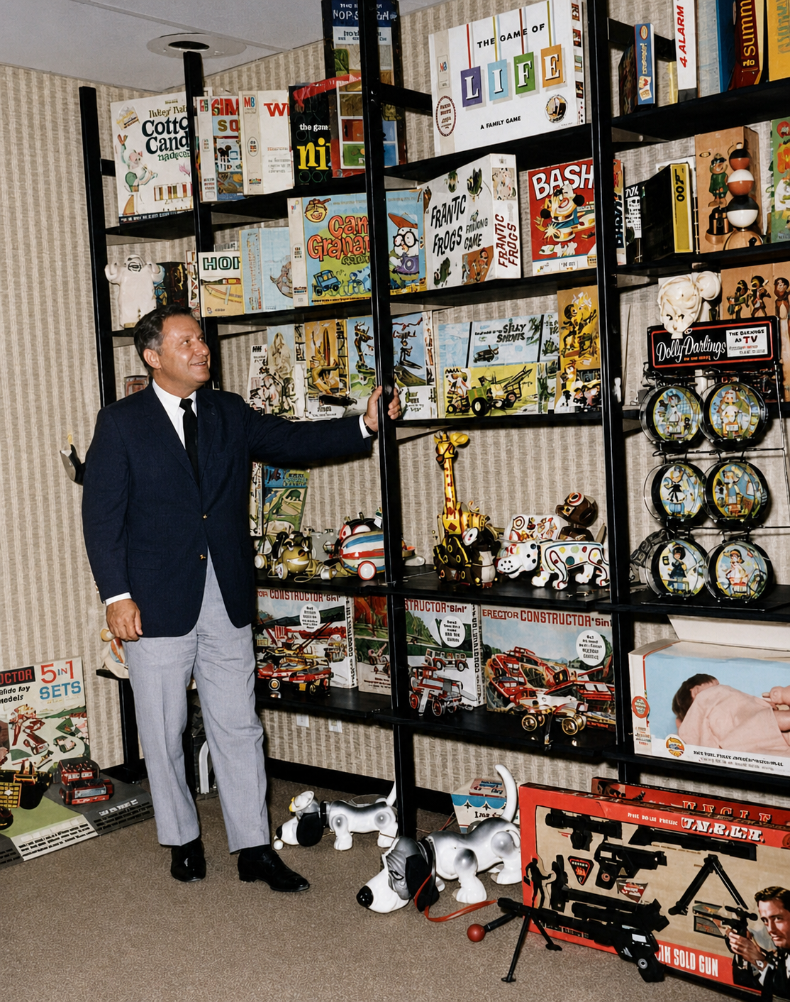 Inventor Reuben Klamer standing beside shelves filled with games, toys, dolls, and products from his creative career